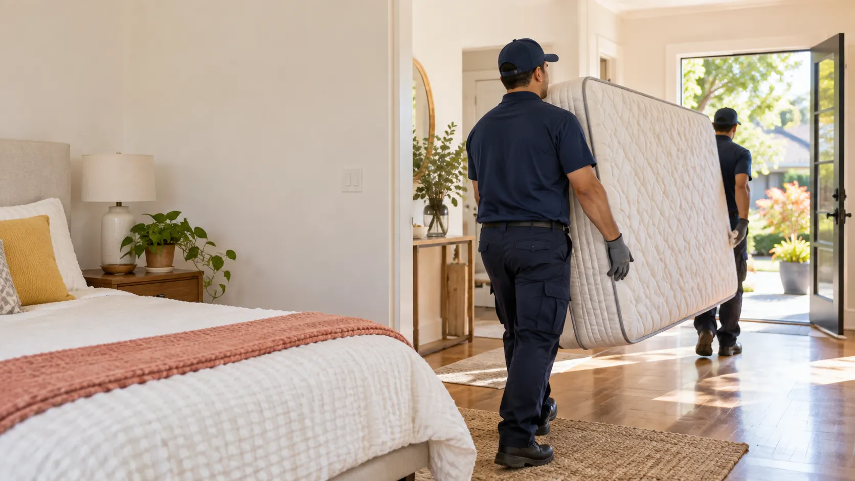 Two haulers carrying a mattress through a bright home